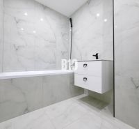 Bathroom with a shower and a sink with a cabinet in a 3-room apartment.