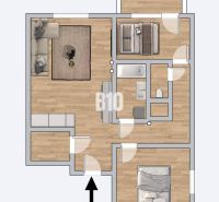 Floor plan of a 3-room apartment with furnishings and wooden decor flooring.