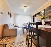Living room in a three-room apartment with a comfortable sofa and wooden furniture.