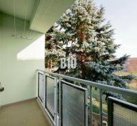 Balcony of a 3-room apartment with a view of greenery and a tree.
