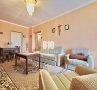 A living room in a three-room apartment with seating and a carpet, furnished in a classic style.