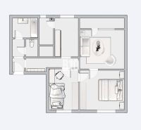 Floor plan of a 3-room apartment with furnishings, including a living room and a bathroom.