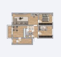 Floor plan of a 3-room apartment with wood-patterned flooring and a practical arrangement of rooms.