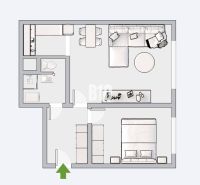 Floor plan of a 2-room apartment with built-in furniture and equipment.