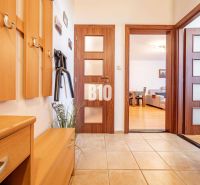 Entrance hall in a 2-room apartment with a wood-patterned floor and a coat rack.