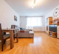 Living room with wood-patterned flooring in a 2-room apartment with a sofa and a dining area.