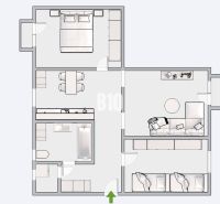 Floor plan of a 3-room apartment with space for a bedroom, living room, and kitchen.