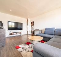 A living room with a large TV, a gray sofa, and a wooden decor floor in a 2-room apartment.