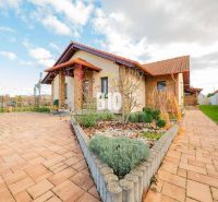 A family house in Nitra with a paved courtyard and a well-maintained garden under a blue sky.
