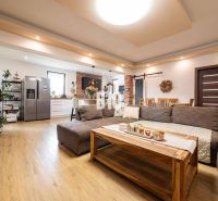 Living room with kitchen in a family house, sofa, wooden decor flooring, greenery.