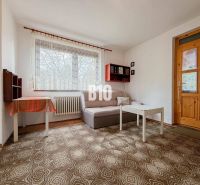 Living room in a family house with a sofa, table, and carpet.
