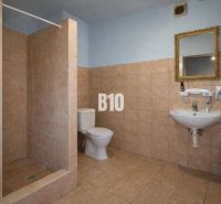 Bathroom in production facilities with a toilet, sink, and shower.