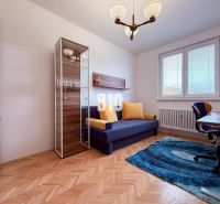 A room in a 3-room apartment with a wooden decor floor and a comfortable sofa.