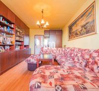 Living room in a 3-room apartment with a wooden decor floor and a corner sofa.