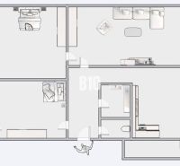 Floor plan of a 3-room apartment with a living room, kitchen, and bedrooms.