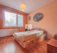 A bedroom in a 3-room apartment with a bed, a wardrobe, and a wooden decor floor.