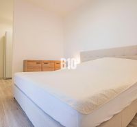 Bedroom with a bed, furniture, and flooring with wood decor, 3-room apartment.
