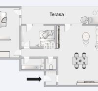 Floor plan of a 3-room apartment with a terrace and an open living room.