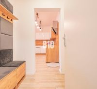 Entrance hallway with seating and view into the kitchen, 3-room apartment with wood-patterned flooring.