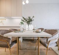Kitchen and dining area in a 2-room apartment with a wooden decor floor.