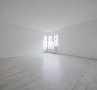 A spacious room with white walls and a large window in a studio apartment.