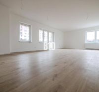 A bright spacious room with a wood-decor floor in a 3-room apartment.