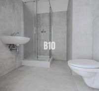 Bathroom with a sink, shower, and toilet in a studio apartment.