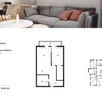 Two-room apartment, bright spaces, balcony, SW orientation; bathroom, kitchenette, bedroom.