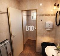 Bathroom with a sink, white soap dispenser, and floor with brown decor in a building.