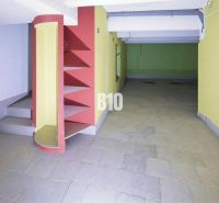 Interior of commercial spaces with colorful walls, shelves, and stairs on the tiles.