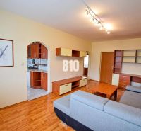 Living room with wood-patterned flooring in a 3-room apartment, connected to the kitchen.
