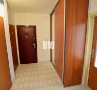 Entrance hall in a 3-room apartment with tiles and wooden built-in wardrobes.