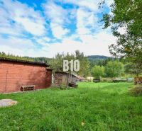 The garden of a family house in Makov with wooden shelters and green trees in the surroundings.