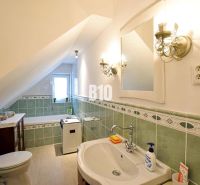 A bathroom in a family house with green tiles and an attic ceiling.