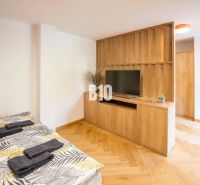 Interior of a 1-room apartment with a bed, television, and floor with wooden decor.