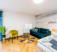 1-bedroom apartment with a wooden decor floor, a sofa, and a nature-themed photo wallpaper.