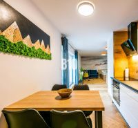 Interior of a 1-room apartment with a wooden decor floor, decoration, and a kitchenette.
