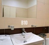 A bathroom in a 4-room apartment with a sink, mirror, and washing machine.