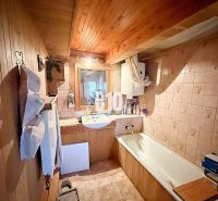 A bathroom in a family house with wooden paneling and a bathtub.