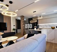 Living room in a 3-room apartment with wood-patterned flooring and stylish lighting.