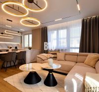 Living room with kitchen, wooden decor flooring, stylish lighting, and a comfortable sofa.