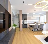 Living room in a 3-room apartment with a wooden decor floor, dining table, and television.