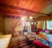 Interior of a cabin with wooden decor, cozy seating, warm atmosphere.