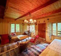 Rustic interior of a cottage with comfortable furniture and a wooden decor floor.
