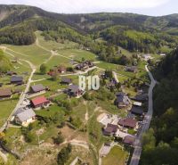 A view of family houses in Horný Marikovo, surrounded by forest landscape and meadows.