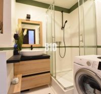 The bathroom in a three-room apartment includes a shower, a sink, and a washing machine.