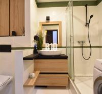 Bathroom in a 3-room apartment with wooden decor and a shower corner.