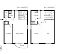 Floor plan of a 3-room apartment with a staircase, bathroom, and balcony on two levels.