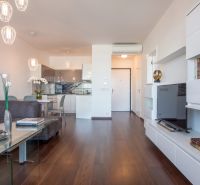 Living room with wood-patterned flooring and a comfortable sofa in a two-room apartment.