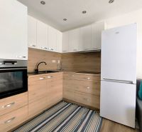 A kitchenette in a one-room apartment with a wooden decor floor and appliances.